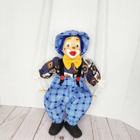 Vintage Clown Marionette Puppet On A Swing  Clown Doll - Picture 1 of 6